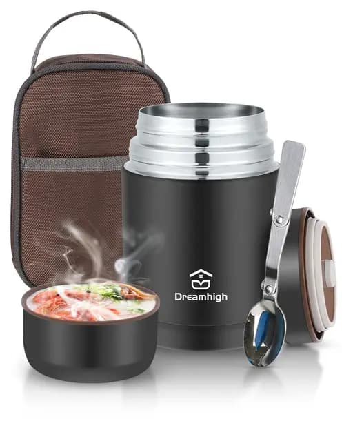 Dreamhigh® Termo para Comida 800 ml, Recipiente Térmico para Comida, Frasco Acero Inoxidable Contenedor Térmico con Bolsa Aislada e Cuchara Plegable, para Adultos Niños-Sin BPA (Negro)