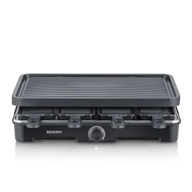 SEVERIN Raclette Grill, Raclette con plancha grande, revestimiento cerámico y antiadherente, 8 sartenes para raclette y 8 espátulas, grill de mesa para hasta 8 personas, 1.400 W negro, RG 9670