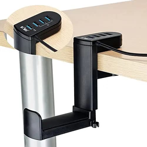 KIWIFOTOS Soporte para auriculares con gancho giratorio de 360° + abrazadera de resorte ajustable, soporte de gancho para auriculares de escritorio para juegos de escritorio, con USB 3.0 x 1 + USB 2.0