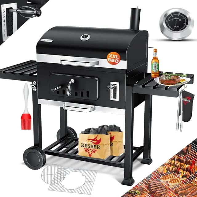 KESSER® Parilla de Carbón con Carrito Grill con Tapa, Ruedas, Mango de Acero Inoxidable | Barbacoa y Termómetro Carbón Grande BBQ Asador Camping, Terraza, Jardín XXL Negro