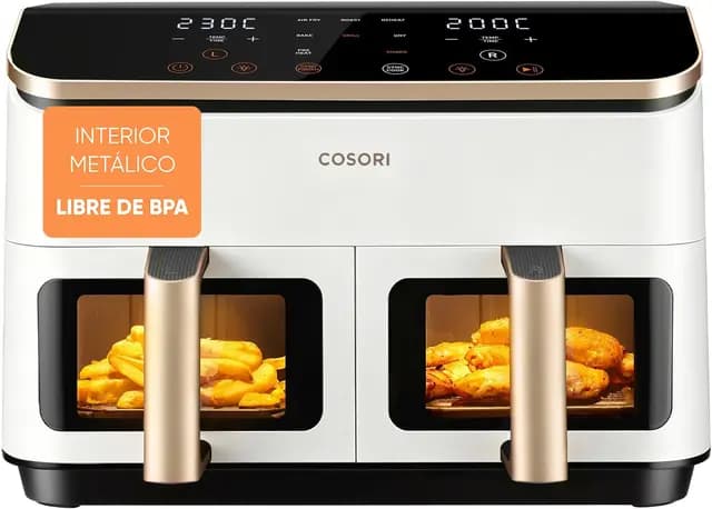 Cosori Grande Freidora de Aire-True Metal-8,5 Litro Doble Cesta Air Fryer-Alta Potencia y 55 % Eficiencia Energética-Temperadura Dual(35-230℃)-10 Modos-Panel Táctil Multifunción-Máx 10 Personas-Blanca