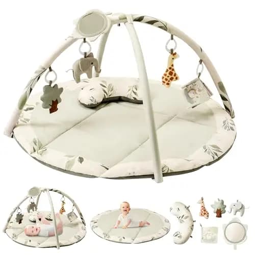 Fortella Gimnasio para Bebé, Tapete de Actividades, Manta de Juegos Plegable con 5 Juguetes Colgantes, Espejo y Almohada -Alfombra Acolchada para el Gateo, Desarrollo Infantil, 0-3-6-12 Meses(Verde)