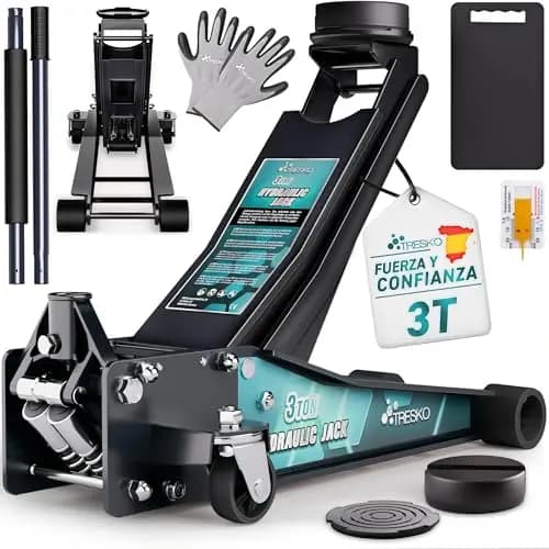 TRESKO® gato hidráulico 3T altura de elevación 75-510mm | gato hidráulico para vehículos con doble pistón y ruedas de 360° | gato de coche incl. 2X almohadilla de goma, alfombrilla de protección