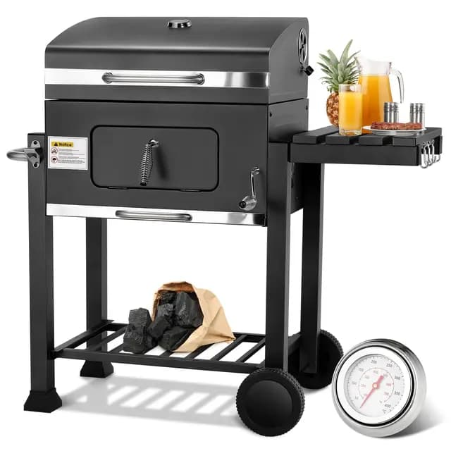 TLSUNNY Parrilla Barbacoa Carbon con Tapa, Barbacoas de Carbón XL, Parrilla Barbacoa con Termómetro, Ruedas, BBQ Smoker en Jardín y Exteriores, Gran Capacidad, Portatil, Negro