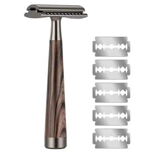 AOOWU Máquinilla de Afeitar Hombre, Set de Afeitado Manual Adecuado con 5 Hojas de Afeitar de Doble Filo y 1 Cabezal de Corte de Aleación de Zinc, Cuchilla Clasica Afeitado Manual para Hombre y Mujer