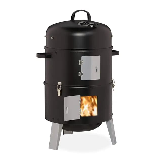 Relaxdays Ahumador Barbacoa 3en1, Barril Asar, Ahumar y Cocinar Carnes, Termómetro y Salida de Aire, ∅40cm, Acero, Negro
