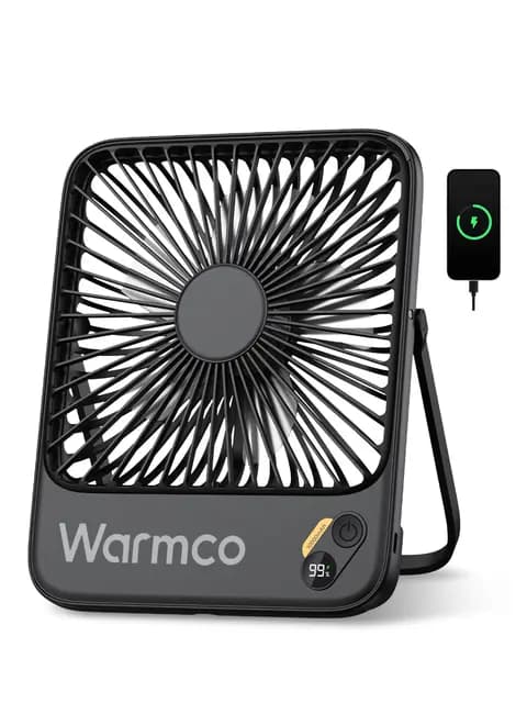 Warmco Ventilador Portátil 10000mAh 21 cm de Altura, Hasta 24H, Ultra Fino Silencioso Recargable de Mesa con Pantalla Digital para Camping, Oficina, Dormitorio, Viajes