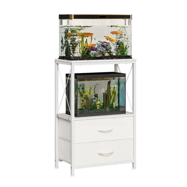 Soporte para acuario, 38 l, soporte para acuario con 2 cajones, estantería para 40 L de peces, tortugas y reptiles, mesa de acuario de 2 niveles, marrón rústico (blanco)