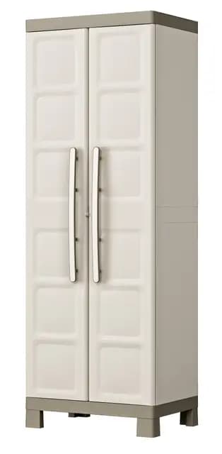 Keter Armario Excellence Escobero|Armario Escobero de almacenaje|Resina|2 Puertas y 4 baldas, 3 Regulables en Altura y 1 Fija|Color Arena/Gris|182 x 65 x 45 cm