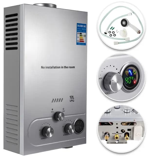 12L Calentador de Agua a Gas LPG Calentador de Agua a Gas Butano 24KW Calentador de Agua de Gas Licuado de Petróleo sin Tanque,para Baño/Cocina/Autocaravana/Camping/Al Aire Libre etc. (12L)