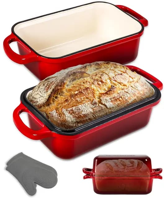 NutriChef horno holandés rectangular para masa madre, Molde para pan con tapa, Hierro fundido esmaltado, Con guantes de silicona para pan artesanal, 35 cm