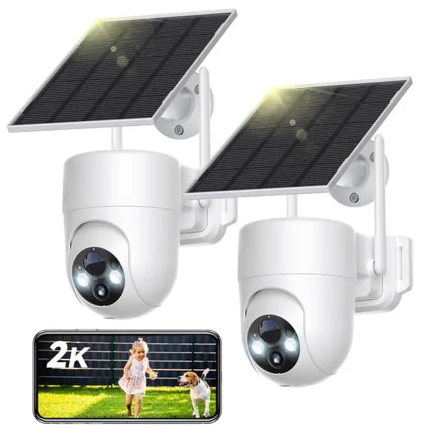 SEHMUA Camara Vigilancia WiFi Exterior Solar, 2K Cámaras de Vigilancia sin Cables con Batería, 360° PTZ, Visión Nocturna Color, 2.4 GHz Wi-Fi, PIR Detección, Audio Bidireccional, IP66, 2 Piezas