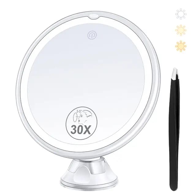 MIYADIVA Espejo de Aumento con Luz 30X, Espejo de Maquillaje de Aumento 30X para Maquillaje de Precisión, 3 Modos de Colores y Brillo Ajustable, Espejo para Baño 8 Pulgadas