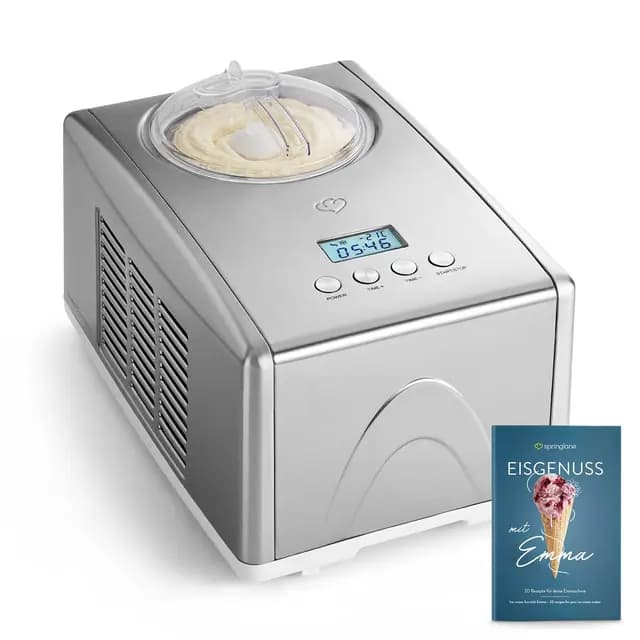 SPRINGLANE Máquina para hacer helados caseros EMMA, Ice cream maker, Heladera con compresor 1,5 l, recipiente extraíble y pantalla LCD + Libro de recetas