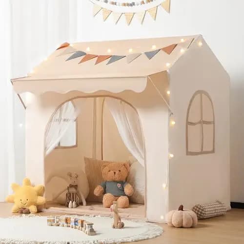 Besrey Tienda de Juego para Niños con Toldo, Casita Infantil 2 en 1 con Luz LED, Bandera y Alfombra Acolchada, Ideal para Interior y Exterior como Tienda de Campaña Infantil, Tipi Infantil