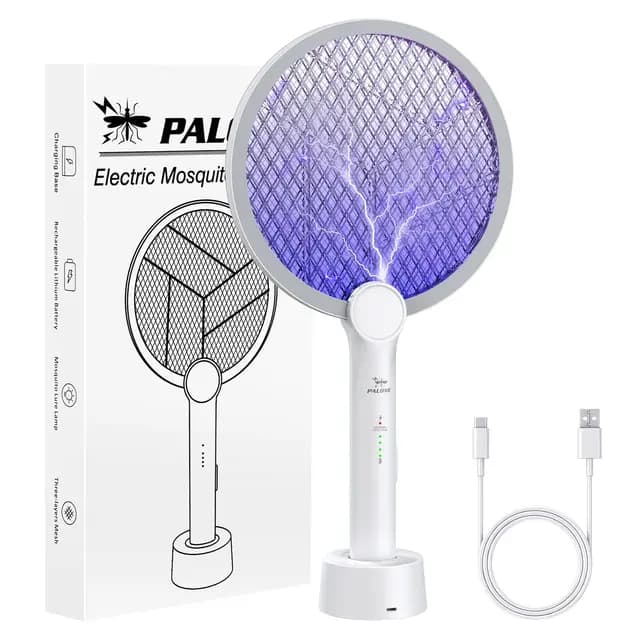 PALONE Raqueta Mosquitos Electrica 4000 V, con Base de Carga USB, Protección Eficaz de Doble Mata Mosquitos Electrico para Uso en Interiores y Exteriores(1PC)
