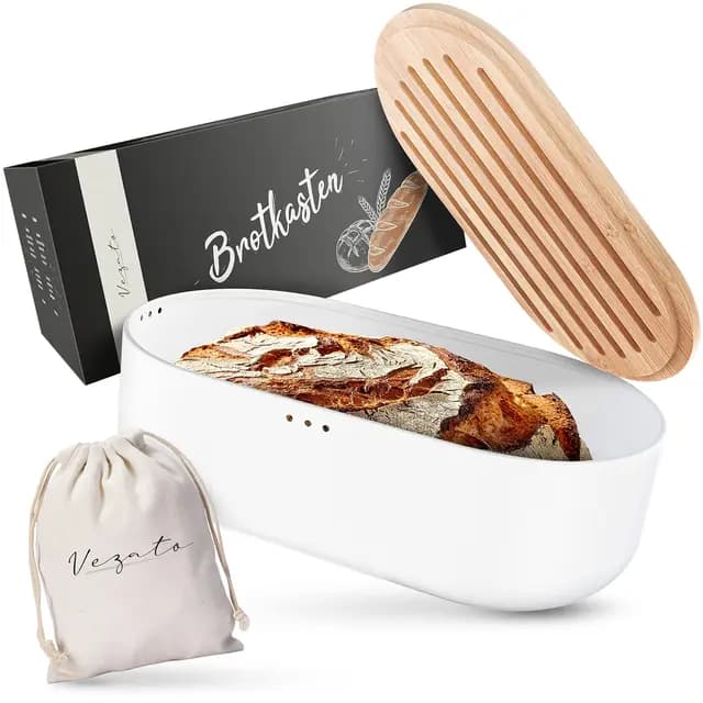 Vezato Panera sostenible, cesta de pan extra grande con tapa de bambú y tabla de cortar, fiambrera con bolsa de pan
