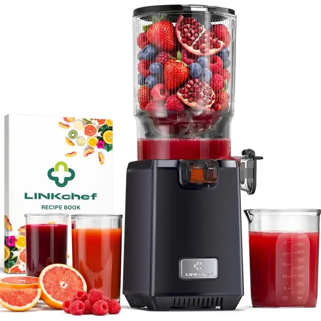 LINKChef Fruta Entera Extractor de Zumos y Verduras, 130mm Calibrey 1,8L Licuadora Prensado en Frio, 250W Extractor de Jugo Juicer Machine, Función de Masticación Inversa, Fácil de instalar y limpiar
