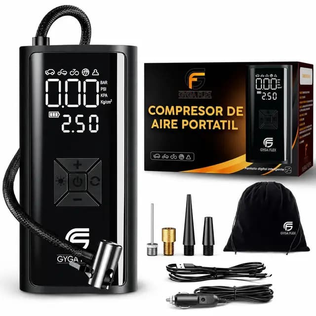 Inflador Ruedas Coche 30L/Min, Compresor Aire Portátil 150 PSI/10,3 Bar, Batería Recargable y Cable 12V 3M, Manómetro Digital, Apagado Automático, LED SOS, para Coche Moto Bicicleta Pelotas