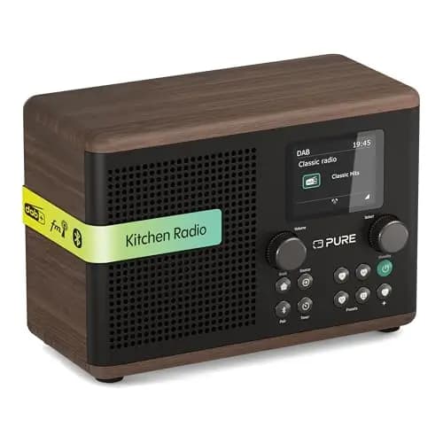 Pure Classic H4 Radio Digital de Cocina (Dab+/FM, Bluetooth, USB, AUX, Temporizador de Cocina, Alarma), Café Negro/Nogal