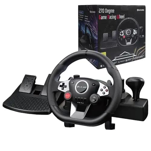 DuLingKer Volante PC con Pedales, Volante de Juegos 270° para PC/PS4/Switch/PS3/Xbox One/Xbox 360/Android TV, Volantes de Carreras con Pedales y Paletas de Cambio, Vibración Feedback