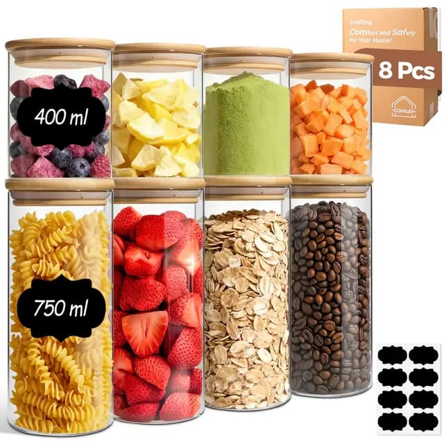ComSaf Tarros de Cristal con Tapa, Frascos de Vidrio con Tapa, 400-750 ml, Set de 8 Piezas, Adecuado para Paño de Cocina, Mezcla de Frutos Secos, Mini Galletas