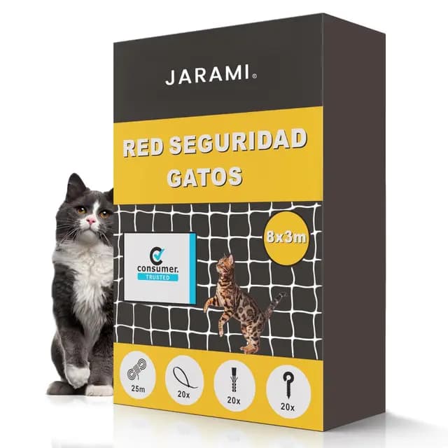 JARAMI - Red para Gatos terraza con Accesorios Incluidos - Red para Gatos Reforzada 8x3m - Malla Resistente y Duradera para Balcón, Terraza y Ventana - Malla Protectora Balcon.