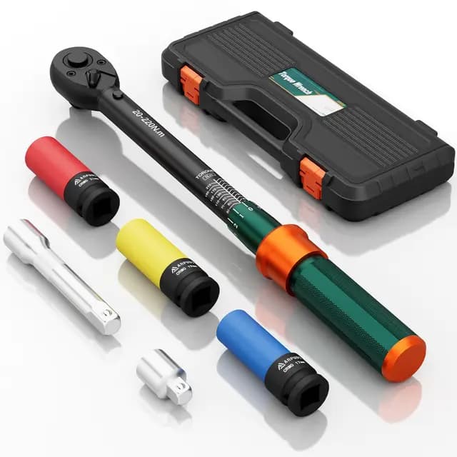 Llave Dinamométrica 1/2'', 20-220Nm, Llave Dinamométrica Coche 6 Piezas con Vasos 17mm/19mm/21mm, Barra de Extensión de 125mm, 1/2" to 3/8" Adaptador, para Coche, Camión, Moto