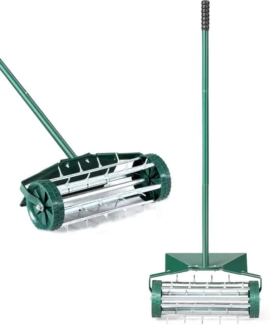 FANTASK Rodillo aireador de césped con Mango, Verde enrollador de Mano, Rollo de césped con Clavos de 3 cm y protección contra Salpicaduras, aireador Manual 46 x 23 x 127 cm
