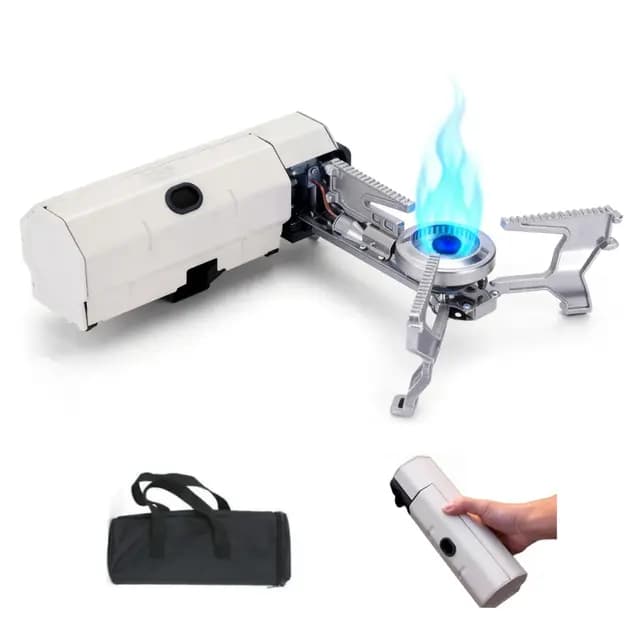 Camping Gas Portatil, Mini Hornillo Camping Gas, Estufa de Camping, 2600W Mini Estufa Plegable a prueba de viento con Encendido Piezoeléctrico para Camping, Picnic, Potencia de fuego ajustable.