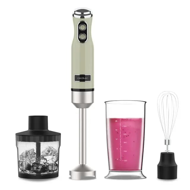 Cecotec Batidora de Mano Power RetroGreen 1200MAX Cream&Crush. Potencia Máxima 1200 W, Tecnología CrossBlades, 2 Velocidades, Set Accesorios aptos Lavavajillas, Campana antisalpicaduras
