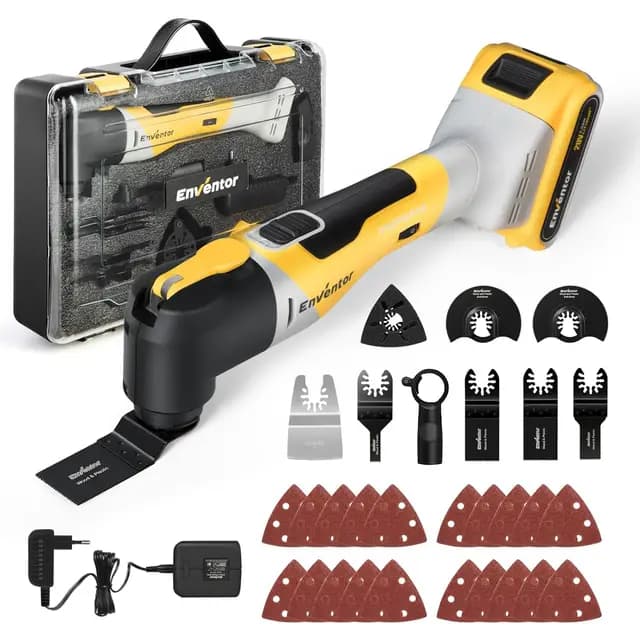Enventor Multiherramienta Oscilante, 20V Brushless 2.0Ah Herramienta Multifunción con 6 Velocidades, 12000-19500RPM, Cargador, 28 Accesorios, Herramientas Oscilantes para Cortar, Lijar y Pulido