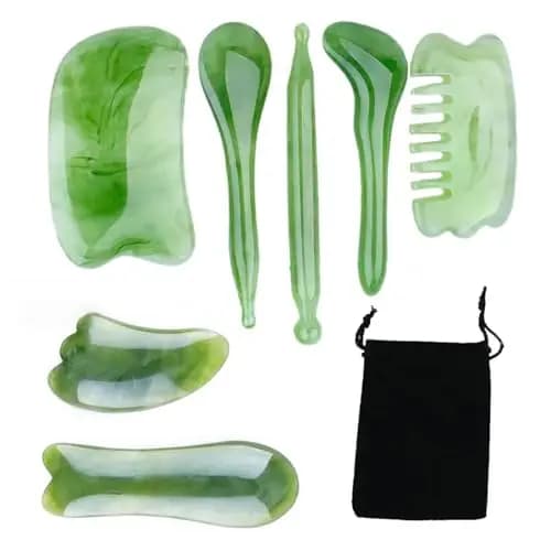 7 Piezas Gua Sha Herramienta de Masaje Set, Hand Made Guasha Consiglio, Verde Resina Accesorios de Gua Sha