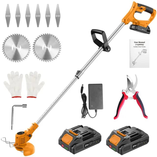 Desbrozadora Bateria, Desbrozadora Electrica 21V, Recortadora de Cortabordes Bateria con 2 Baterías 2000 mAh, 2 Tipos de Cuchillas, 11000 RPM y Motor, Mango Telescópico 85-120 cm