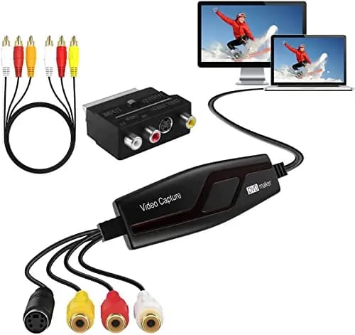 DIGITNOW!Convertidor de Captura de Vídeo USB,Hi8 VHS a DVD Digital Grabber Grabador ,Capturadora de Audio Vídeo para Mac Windows,Digitalizadora y Edite con Adaptador Scart/AV