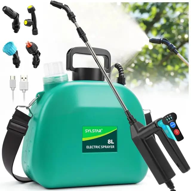 SYLSTAR Pulverizador Electrico 8L, 3 Velocidades Sulfatadora Bateria Recargable con 4 Boquillas Niebla, 7.4V Pulverizador Bateria, Mochila Pulverizadora para Jardín Huerto Riego