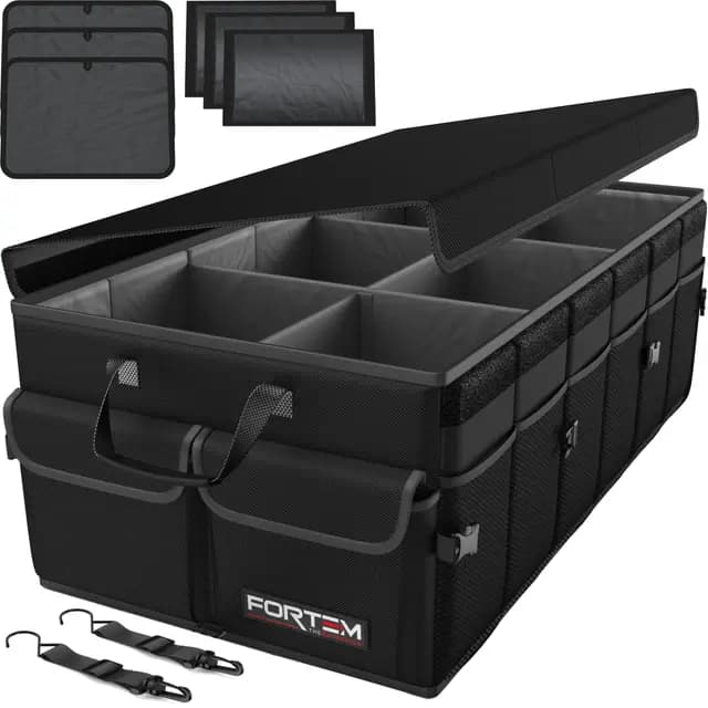 FORTEM Organizador Maletero Coche - Caja Maletero Coche Plegable con Base Antideslizante y Correas Ajustables - Bolsa Organizador con Compartimentos y Tapa con Tela Oxford 600D - Accesorios Coche 85L