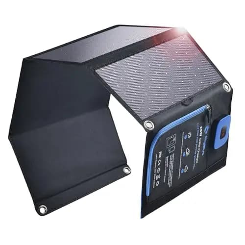 BigBlue 28W Cargador Solar Portátil, 2 Puertos (USB-C/USB-A) y IP44 Impermeable, Panel Solar Plegable con LCD Amperímetro Digital para Dispositivos Recargables, iPhone, Android, GoPro Etc
