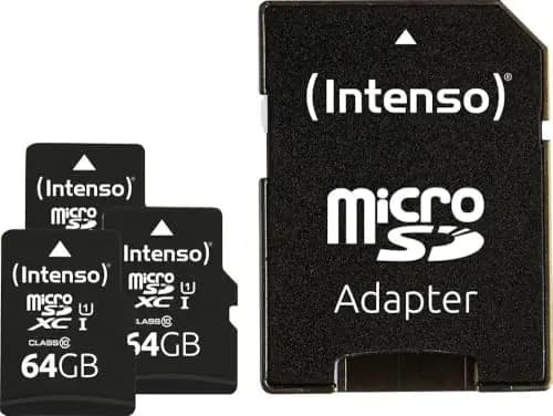 Intenso Premium microSDXC - Tarjeta de Memoria (3 Unidades, 64 GB, Clase 10, UHS-I, Incluye Adaptador SD), Color Negro