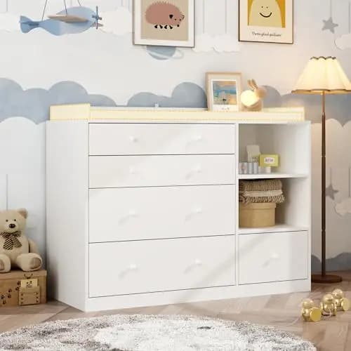 Cambiador, mueble cambiador, estante cambiador con 5 cajones, arcón para bebé, cuidado del bebé, muebles para bebé, cambiadores para habitación de bebé, dormitorio, blanco, MDF
