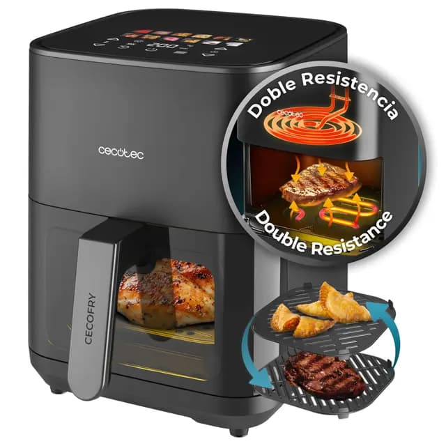 Cecotec Freidora de Aire sin Aceite de 4L con Doble Resistencia, Plancha, Grill, Air Fryer Cecofry&Grill Duoheat 4000. 1900W, Pared Divisoria Móvil, Temperatura Regulable 40-200°C, 10 Menús