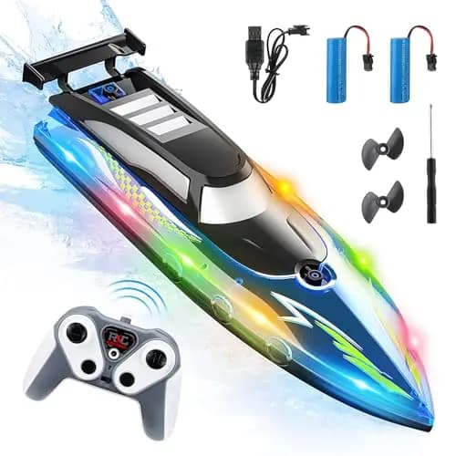 Barco de Control Remoto, 2.4 GHz Barco eléctrico Impermeable de Alta Velocidad con 2 baterías Recargables y luz LED Barcos eléctrico inalámbrico Ship de Carreras para niños Adultos (Blue)