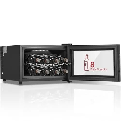 FOHERE Vinoteca de 8 botellas, frigorífico de mesa con puerta de vidrio, 22 litros LED + pantalla digital, frigorífico para bebidas con puerta de vidrio, 8-18 °C, zona única