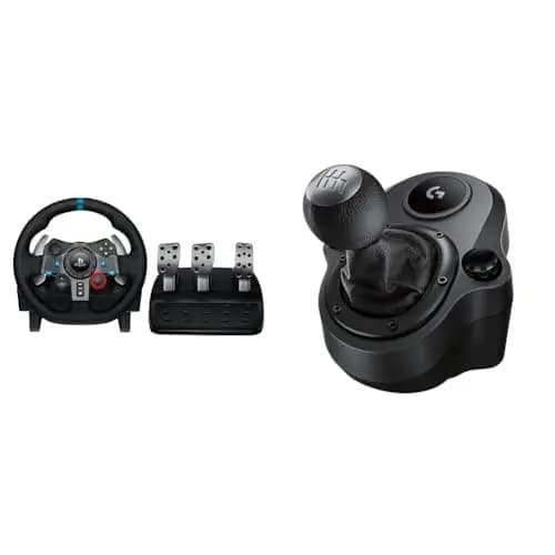 Logitech G G29 Volante y Pedales de Carrera, Force Feedback, para PS5, PS4, PC y MAC y Palanca de Cambio para Volante, 6 Velocidades, Marcha Atrás a Presion, Acero y Cuero auténtico