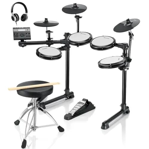 Batería Electrónica, Donner DED-200LITE Kit de Batería Eléctrica para Principiantes con más de 450 Sonidos, USB MIDI Parches de Malla Silenciosos Banqueta Auriculares Baquetas 40 Lecciones de Melodics