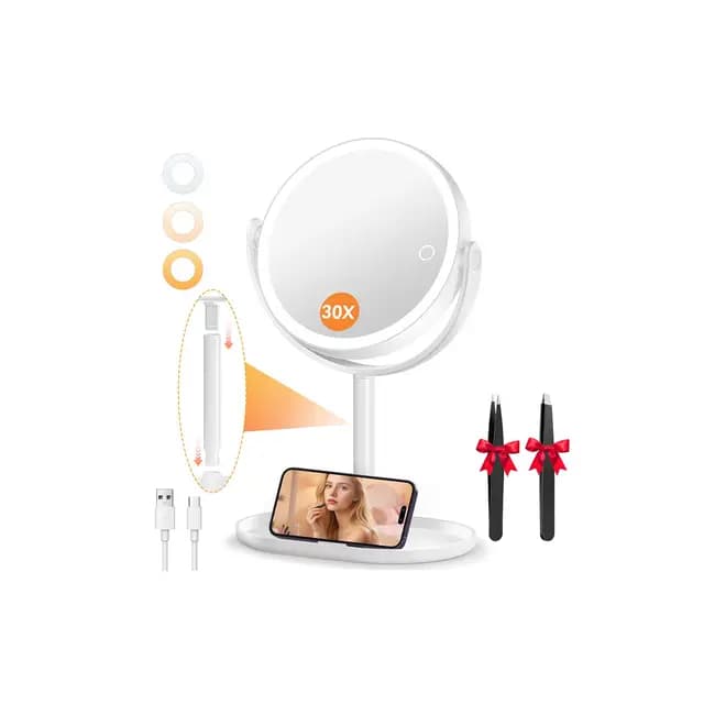 Auxmir Espejo Maquillaje con Luz, 30X/1X Aumento Doble Cara Recargable 2000mAh USB Type-C, Base Soporte para Móvil Portátil, 360 Giratorio 3 Colores Brillo Regulable, Blanco