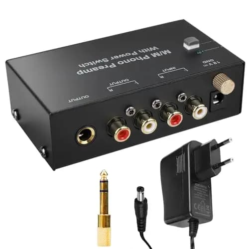 Preamplificador Phono para Tocadiscos MM – Previo Phono con Entrada y Salida RCA, Amplificador Estéreo con Control de Nivel, Interruptor Frontal, Negro