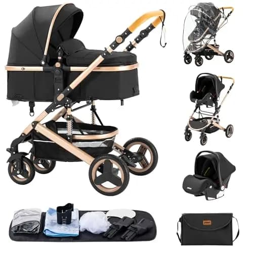 Cochecito para bebé 3 en 1 - Sistema de viaje versátil, para uso desde el nacimiento hasta los 3 años - Combinación de cochecito, cuna - Incluye bolsos de mamá, tapa