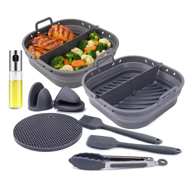 Set Utensilios freidora de Aire 5.5 L 6,4 litros o mas, Kit Accesorios para Air Fryer Dos moldes Cuadrados Silicona Compatible COSORI Cecotec Ninja Philips, Apto para Horno o microondas