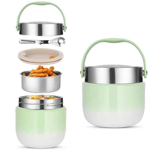 Recipiente térmico para alimentos, 1200 ml, cuenco térmico con tapa, Termo para Comida de acero inoxidable con cuchara plegable, Adecuado para almacenar harina, sopa, almuerzo, queso (Verde)